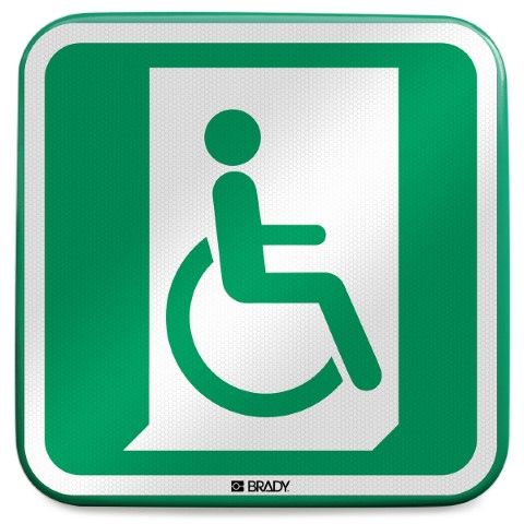 ISO-veiligheidspictogram – Nooduitgang voor personen die niet in staat zijn te lopen, of een beperking hebben met lopen (rechts)