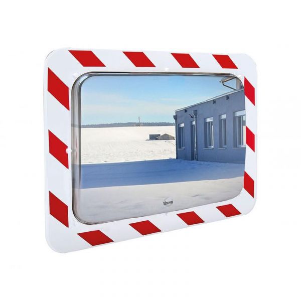 Multifunctionele spiegel in RVS 600 x 400 mm met rood en wit kader, film tegen de vorming van rijm of condensatie